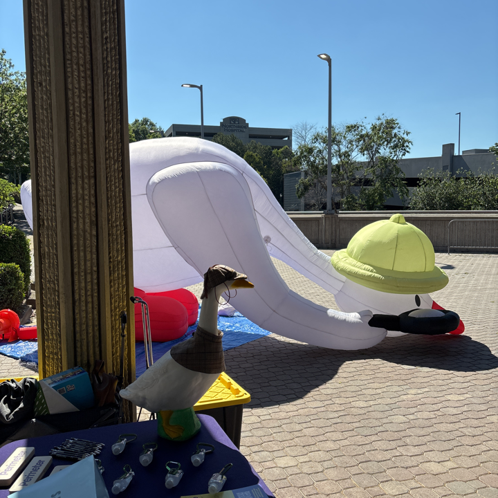 Inflatable goose being aired up next to garden-sized goose in detective gear.