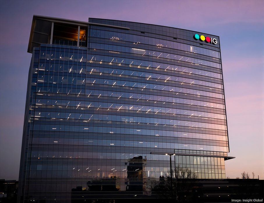 A tall glass office building with the Insight Global logo on the side.